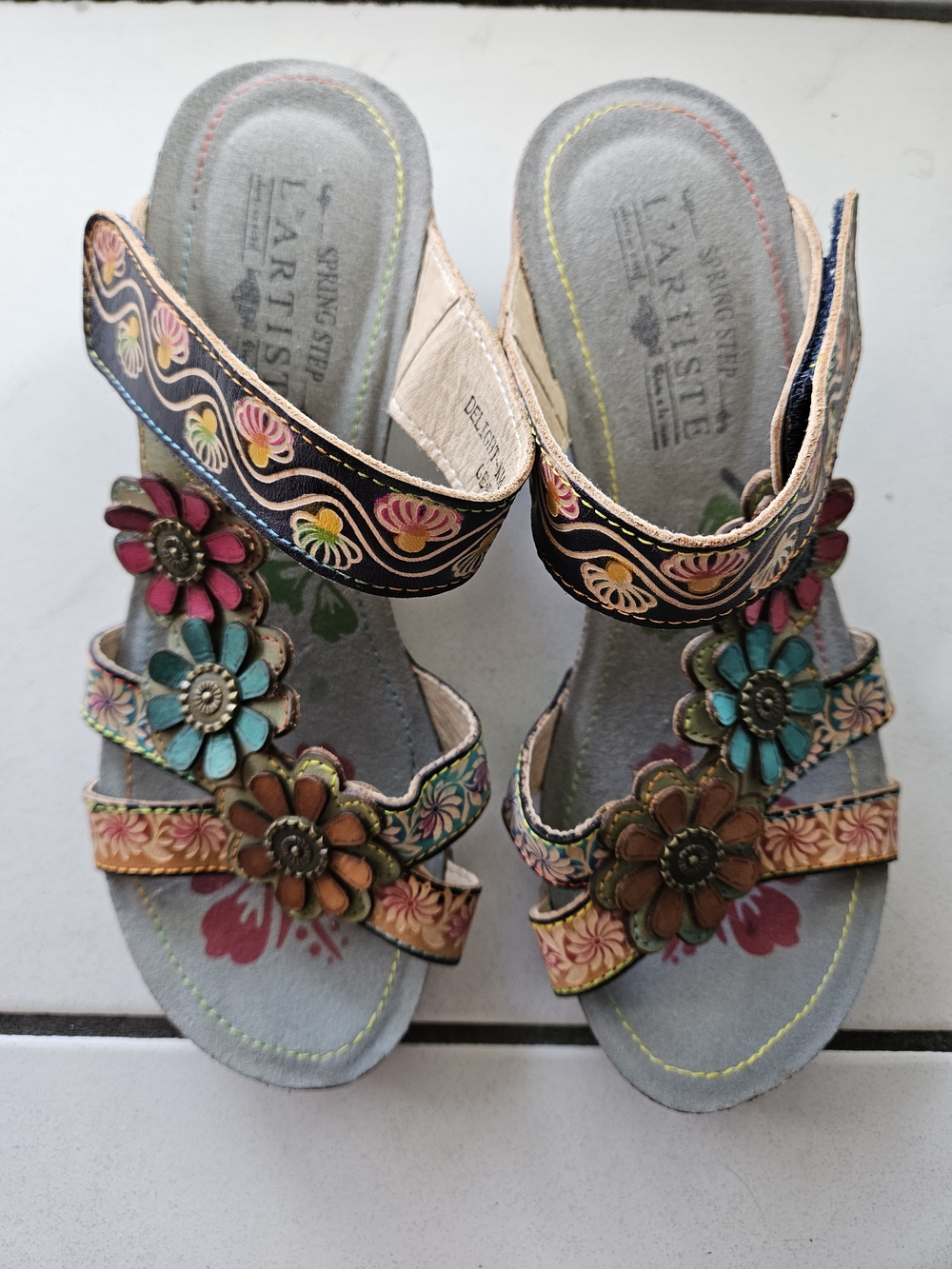 L’Artiste Delight Slide Sandals Hand Painted Genuine Leather Navy Euro Size 38